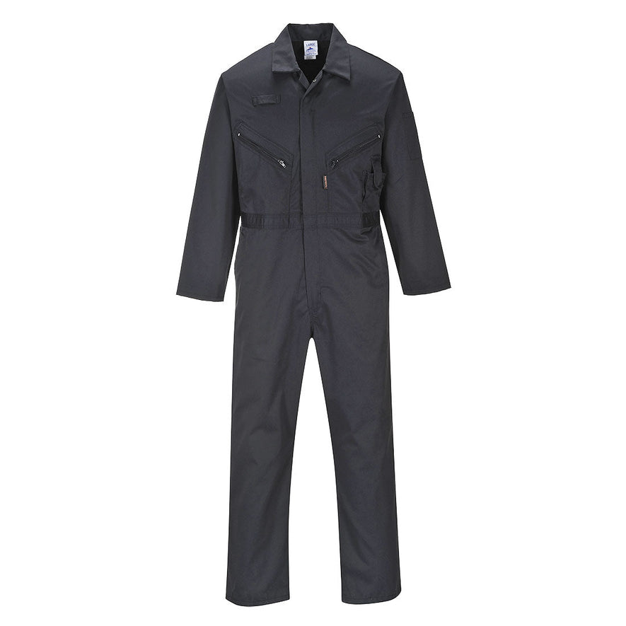 Black liverpool zip coverall, Coverall has zip fasten and has zip fasten chest pockets. Coverall has pen loop on the chest.