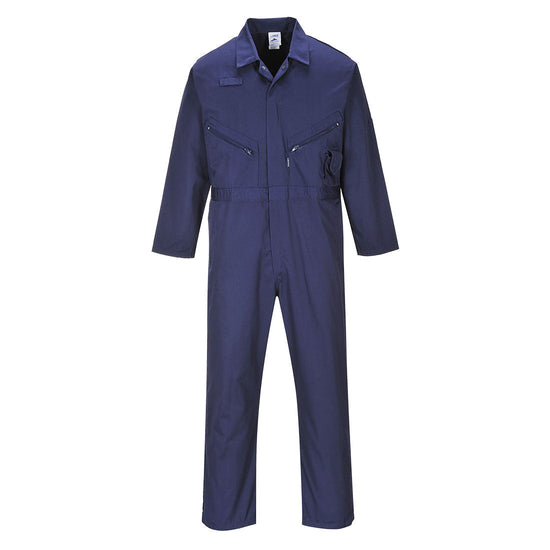 Navy liverpool zip coverall, Coverall has zip fasten and has zip fasten chest pockets. Coverall has pen loop on the chest.