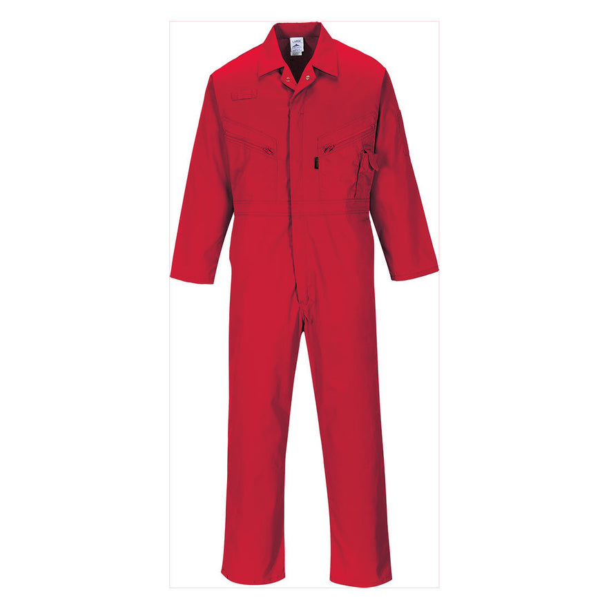 Red liverpool zip coverall, Coverall has zip fasten and has zip fasten chest pockets. Coverall has pen loop on the chest.