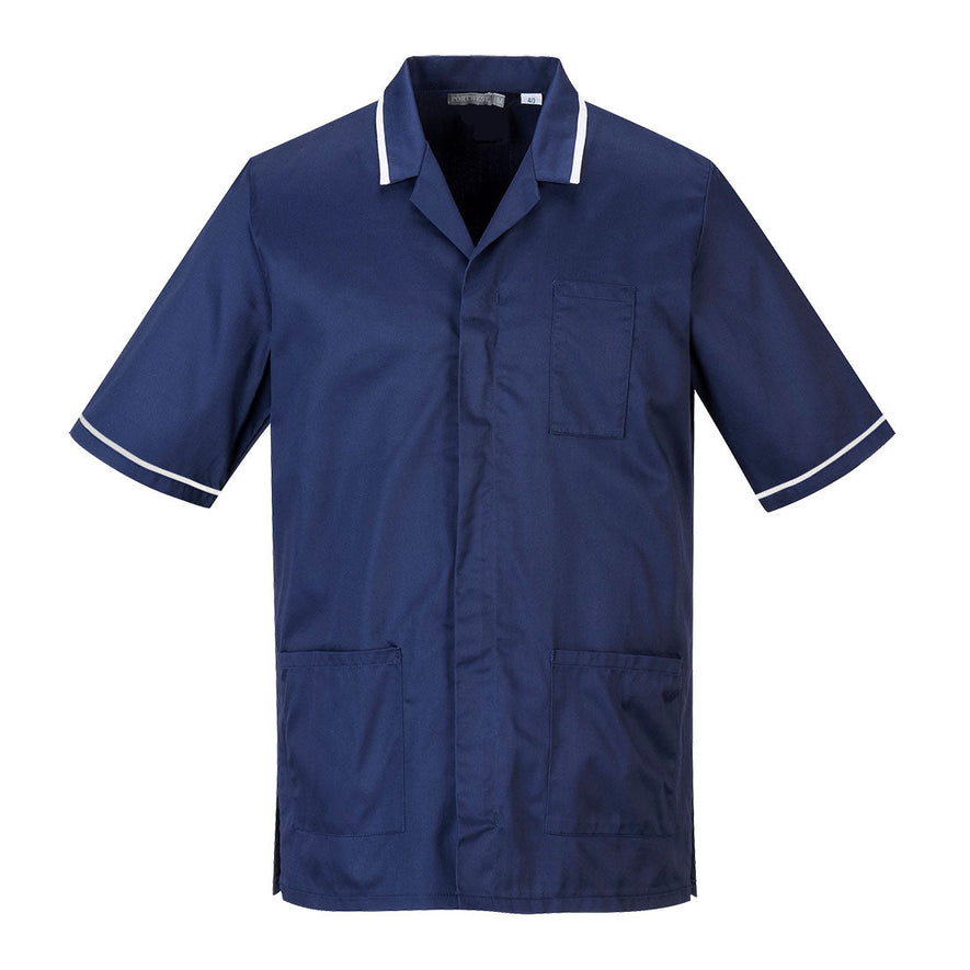 Navy healthcare tunic with white pinstripes on the arms and collar. Tunic has side and chest pockets.
