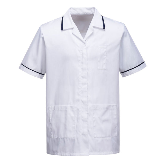 White healthcare tunic with navy pinstripes on the arms and collar. Tunic has side and chest pockets.