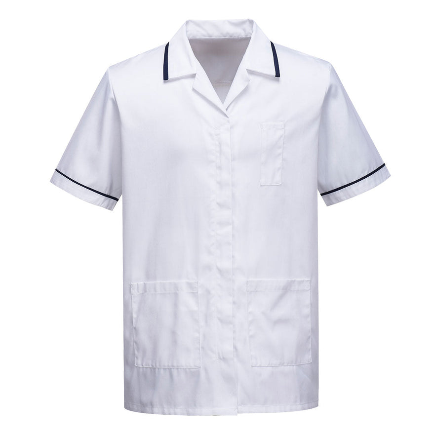 White healthcare tunic with navy pinstripes on the arms and collar. Tunic has side and chest pockets.