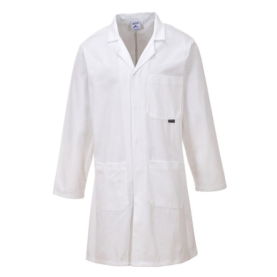 White standard lab coat. Lab coat has lower pockets and left chest pocket.