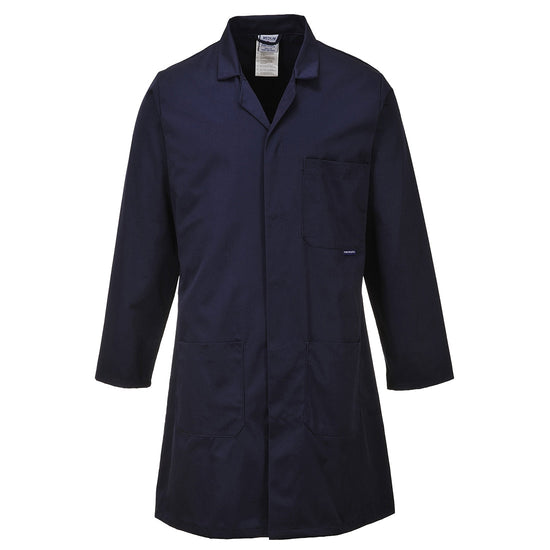 Navy standard lab coat. Lab coat has lower pockets and left chest pocket.