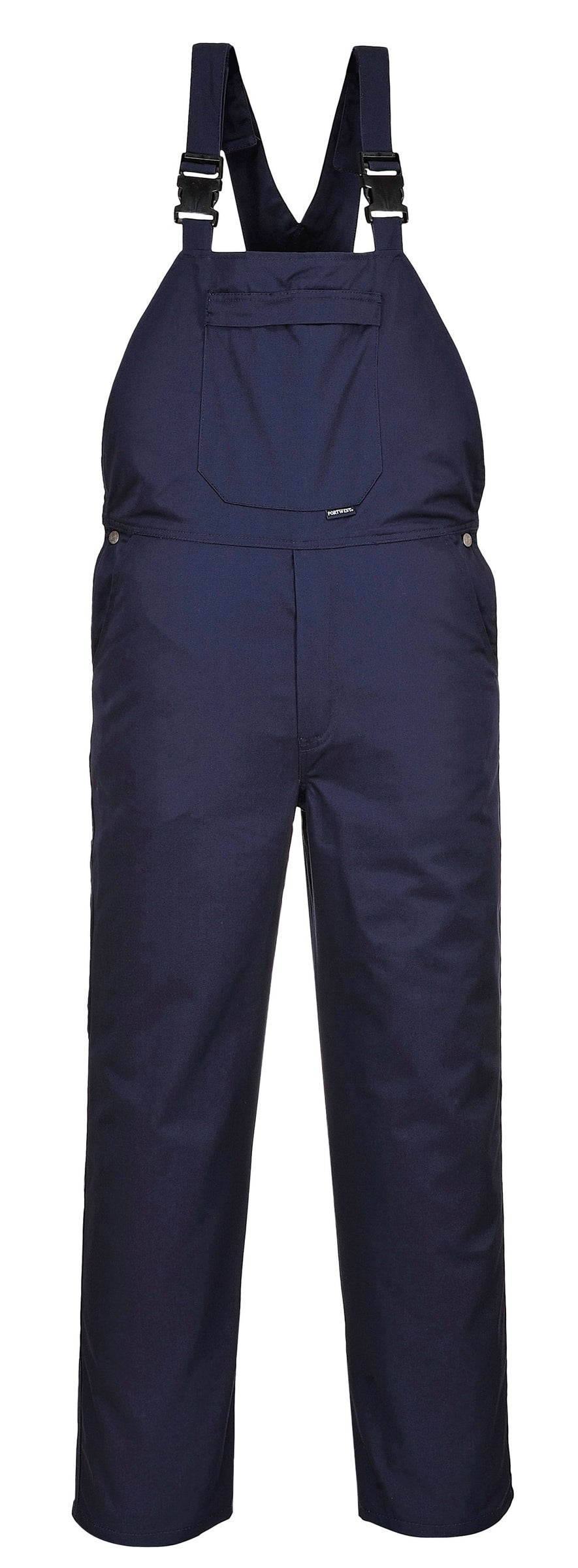 Portwest Burnley Bib and Brace in navy with straps over shoulders with plastic buckles, pocket on chest and full length trousers.