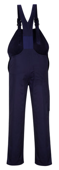 Back of Portwest Burnley Bib and Brace in navy with straps over shoulders, side pockets and full length trousers.