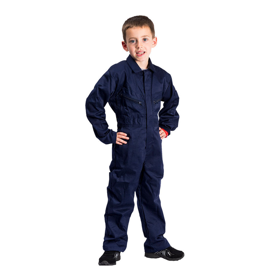 Navy Portwest youths coverall. Coverall has zip pockets on the chest a collar and is fully closable. 