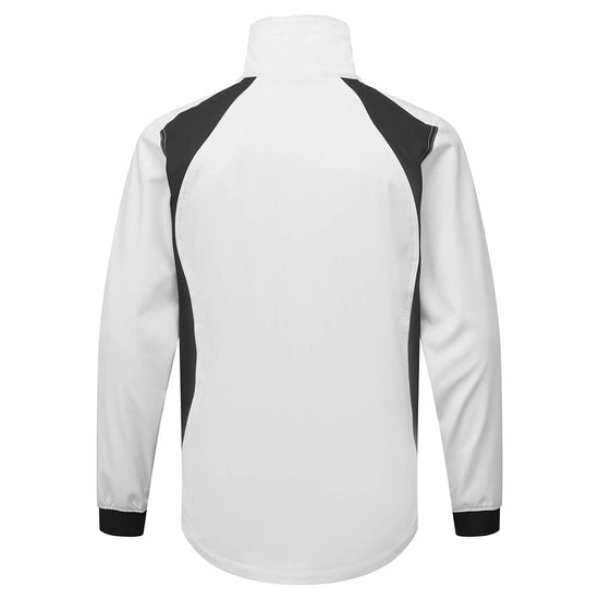 Back of Portwest WX2 Eco Softshell Jacket in white with black panels on shoulders, collar and elasticated cuffs on sleeves.