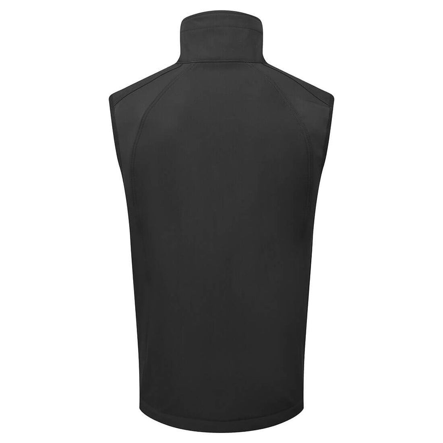 Back of Portwest WX2 Eco Softshell Sleeveless Gilet in black with collar, panels on shoulders and sides.