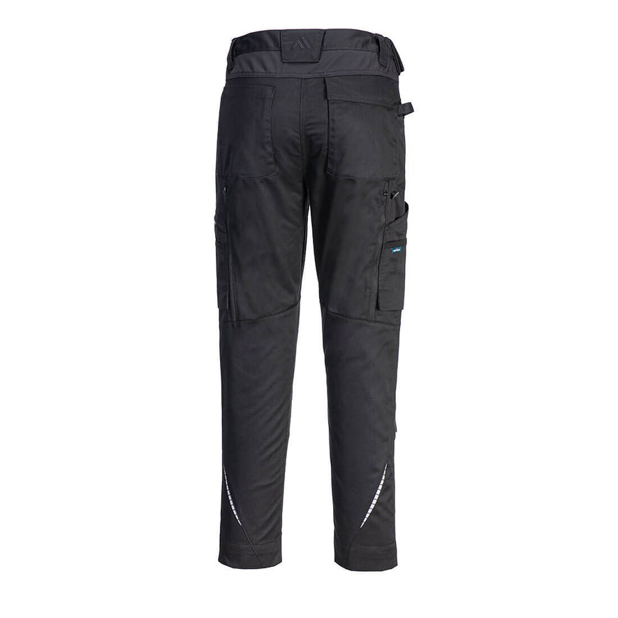 Back of WX2 Eco Stretch Trade Trousers in black with belt loops on waist band, back and side pockets and reflective stripes on lower leg.