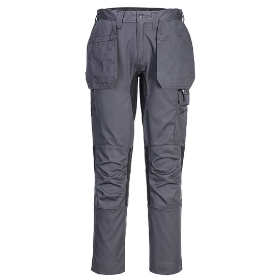 Portwest WX2 Eco Stretch Holster Trousers in metal grey with button and zip fly fastening, belt loops on waist band, Flap holster pockets on waist band, pockets on top and sides and knee patches. Black panels on insides of legs and side of knees.