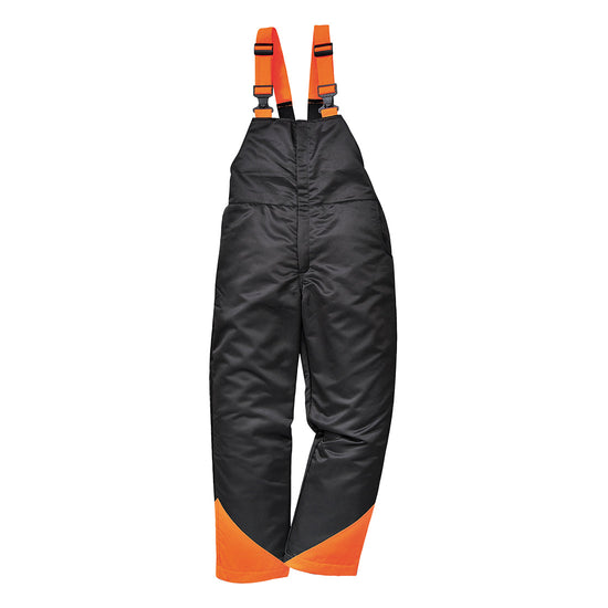 Black Portwest Oak chainsaw protective bib and brace trouser. Trousers have pockets on the side and orange contrast on the ankles and on the braces.