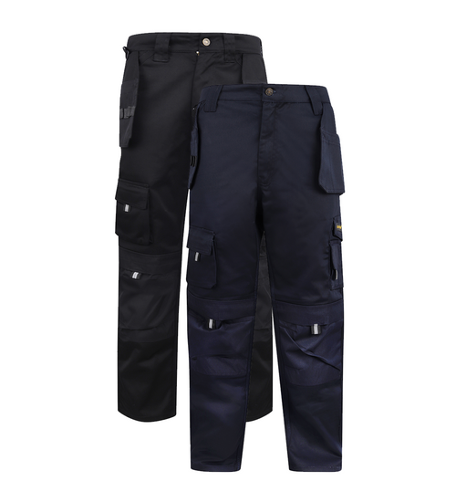 Black and Navy images of Kapton heavy duty corder cargo trousers with holster pockets and d loop for a hammer.