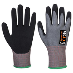 Black nitrile foam cut Glove with grey top, red sleeve.