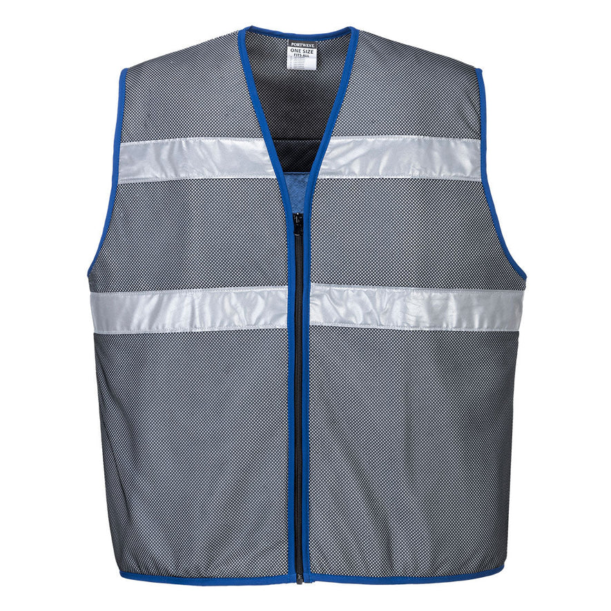 Grey Cooling vest with two reflective strips across chest, black full zip fastening and blue piping around edges.