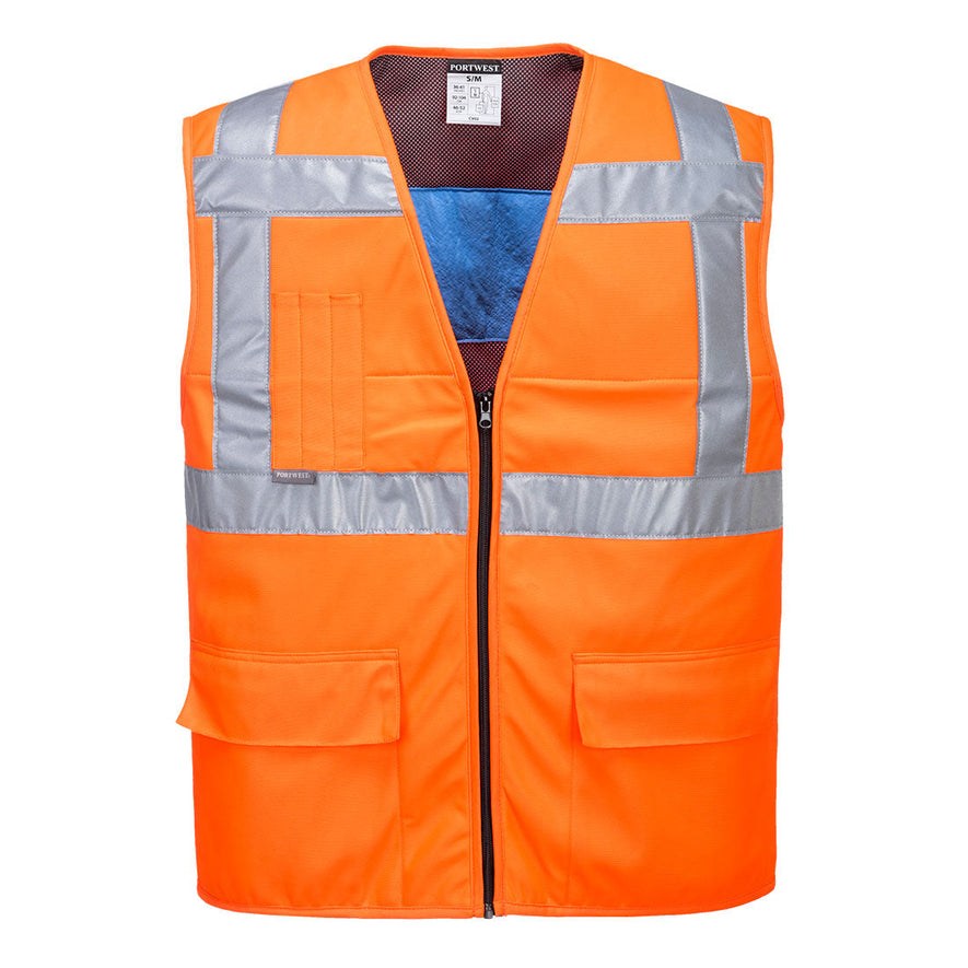 Orange hi vis cooling vest. Vest has a blue cooling inner and hi vis strips across the body and shoulders. Vest has pockets on the lower and a zip fasten.