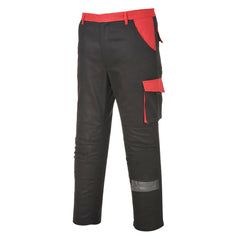 Black portwest Poznan trouser. Trousers have knee pad, side, back and cargo style pockets. Pockets on the back and cargo as well as belt area have a red contrast.