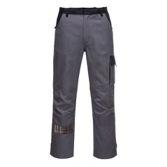 Grey portwest Poznan trouser. Trousers have knee pad, side, back and cargo style pockets. Pockets on the back and cargo as well as belt area have a black contrast.