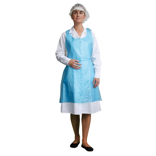 Person wearing the blue disposable apron. Optimised for nursing and healthcare as well as the food industry.