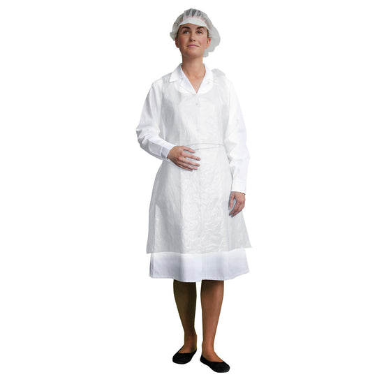 Person wearing the white disposable apron. Optimised for nursing and healthcare as well as the food industry.