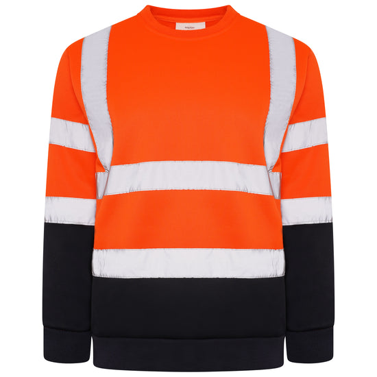 Orange Hi vis crew neck sweatshirt. Sweatshirts have two hi vis waist bands and hi vis shoulder bands and navy contrast on the bottom of the sweatshirt and arms.