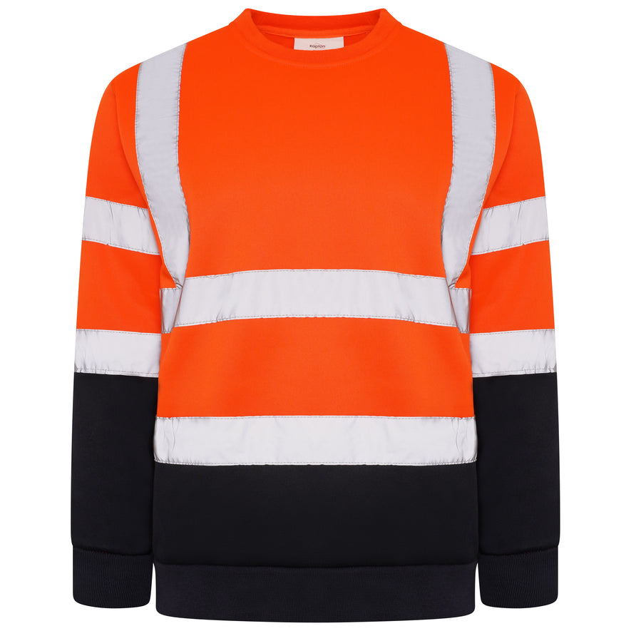 Orange Hi vis crew neck sweatshirt. Sweatshirts have two hi vis waist bands and hi vis shoulder bands and navy contrast on the bottom of the sweatshirt and arms.