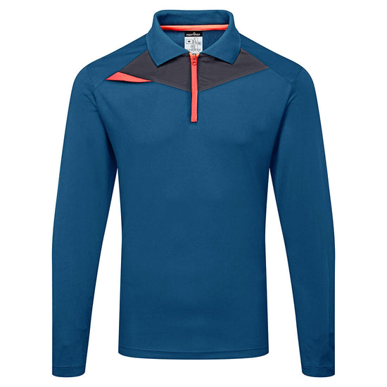 Portwest DX4 Polo Shirt long sleeve in metro blue with orange quarter zip neck, triangle feature on shoulder and inside of collar and grey panel below collar.