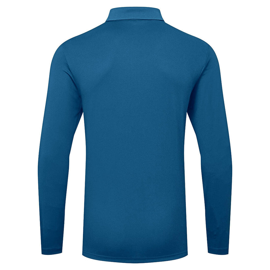 Back of Portwest DX4 Polo Shirt long sleeve in metro blue with collar.