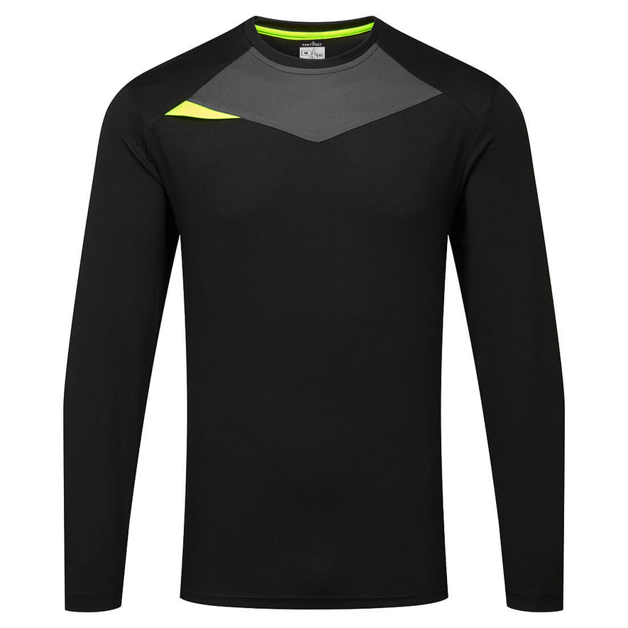 Portwest DX4 T-Shirt long sleeve in black with crew neck and fluorescent yellow triangle feature on shoulder and inside of collar and grey panel below collar.