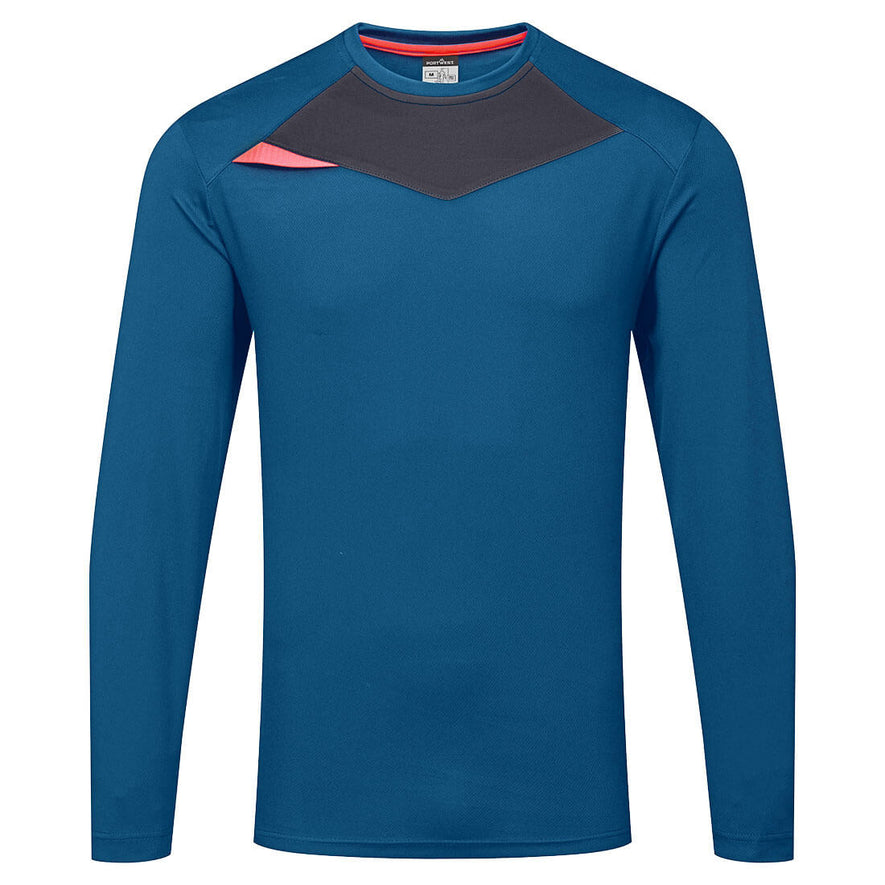 Portwest DX4 T-Shirt long sleeve in metro blue with crew neck and orange triangle feature on shoulder and inside of collar and grey panel below collar.