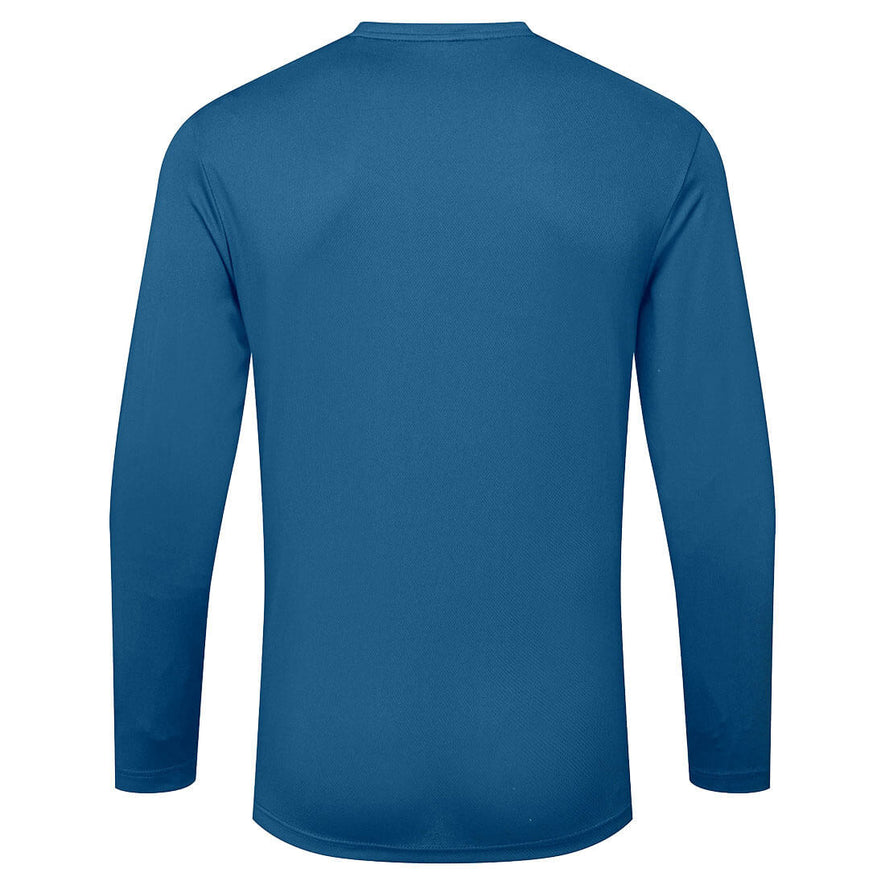 Back of Portwest DX4 T-Shirt long sleeve in metro blue with crew neck.