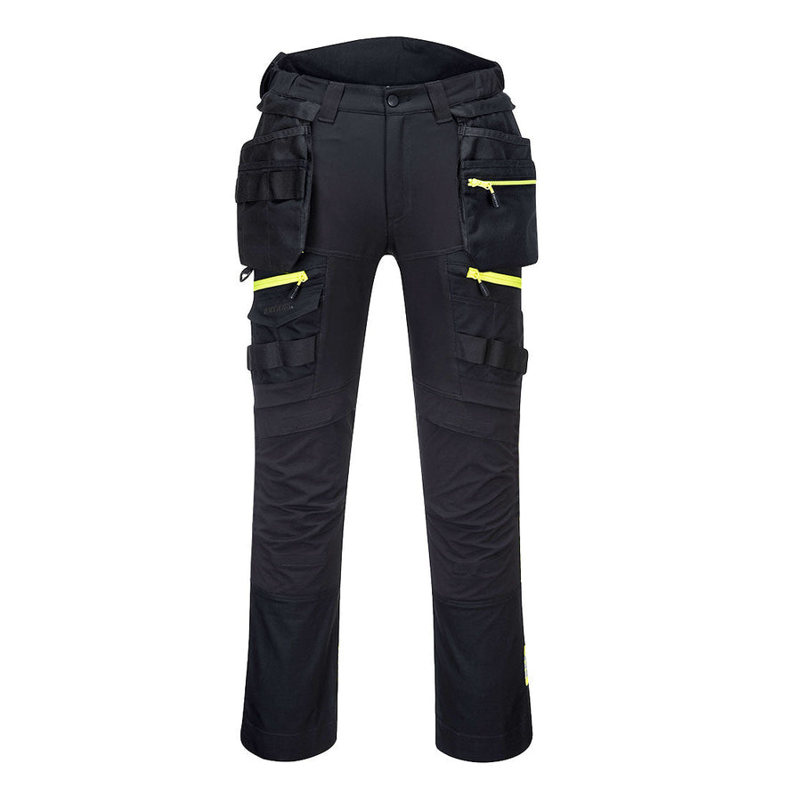 Black DX4 detachable holster trousers with visible tool loops and detachable holster pockets. Trousers have yellow trim on the zips.
