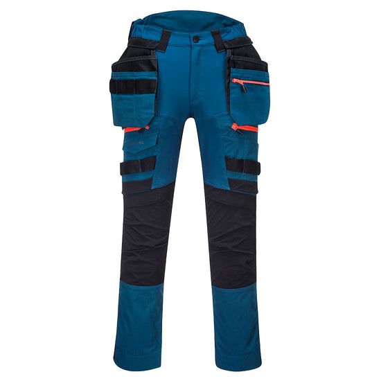 Metro Blue DX4 detachable holster trousers with visible tool loops and detachable holster pockets. Trousers have orange trim on the zips and a black kneepad area.