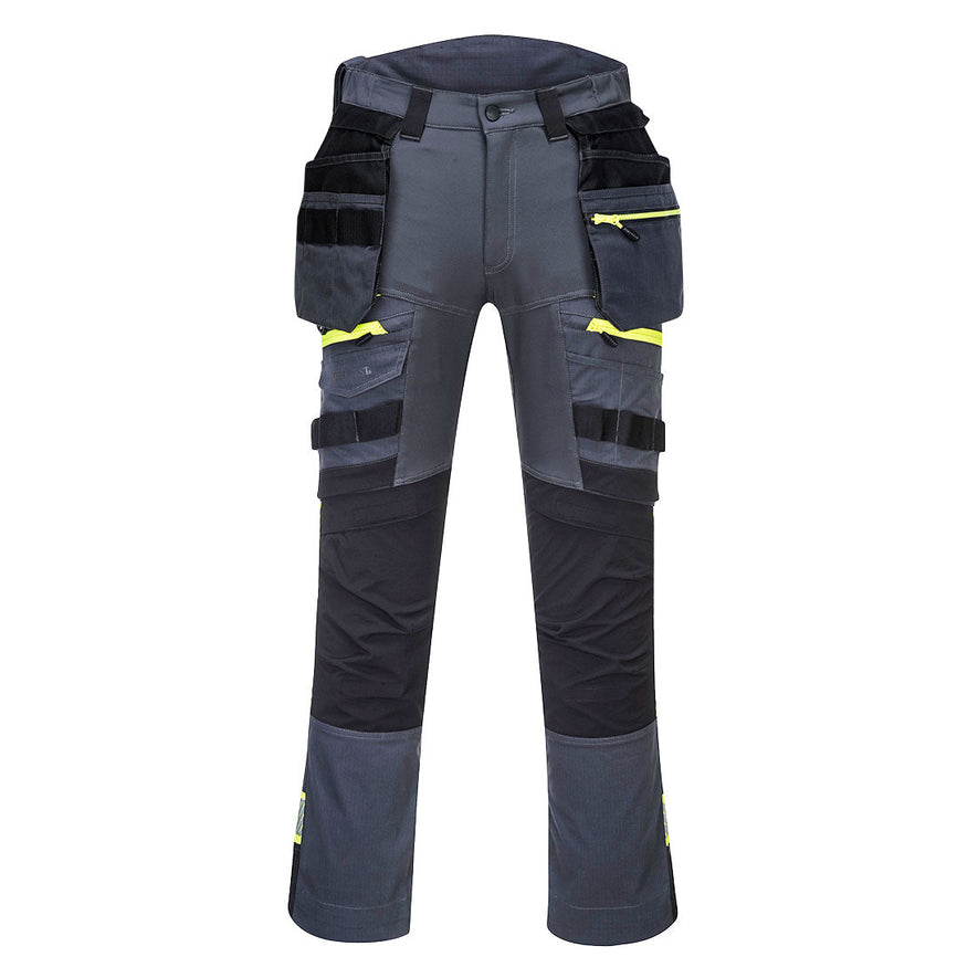 Metal grey DX4 detachable holster trousers with visible tool loops and detachable holster pockets. Trousers have yellow trim on the zips and a black kneepad area.