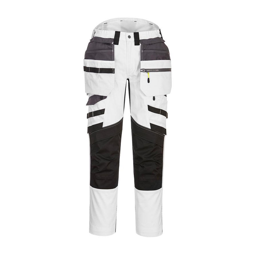 White DX4 detachable holster trousers with visible tool loops and detachable holster pockets. Trousers have black trim on the zips and a black kneepad area.