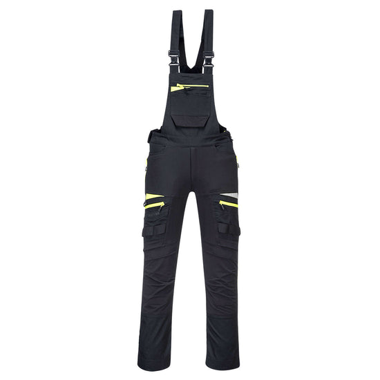 Black DX4 work bib and brace with large chest pocket and visible tool loops on the legs. Bib and brace have yellow trim on the zips and shoulder braces.