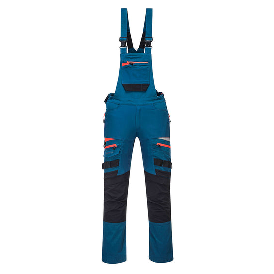 Metro Blue DX4 work bib and brace with large chest pocket and visible tool loops on the legs. Bib and brace have orange trim on the zips and shoulder braces with black trim on the kneepad area.