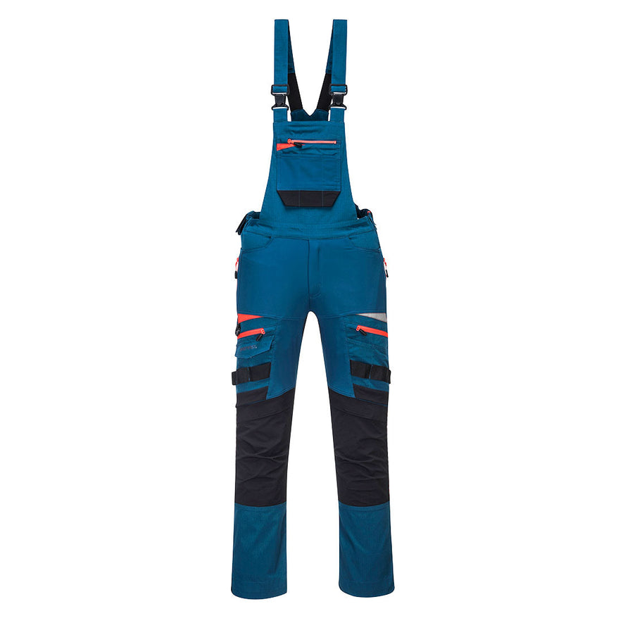 Metro Blue DX4 work bib and brace with large chest pocket and visible tool loops on the legs. Bib and brace have orange trim on the zips and shoulder braces with black trim on the kneepad area.