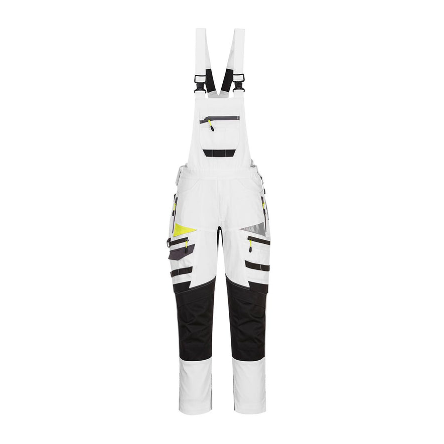 White DX4 work bib and brace with large chest pocket and visible tool loops on the legs. Bib and brace have orange trim on the zips and shoulder braces with black trim on the kneepad area.