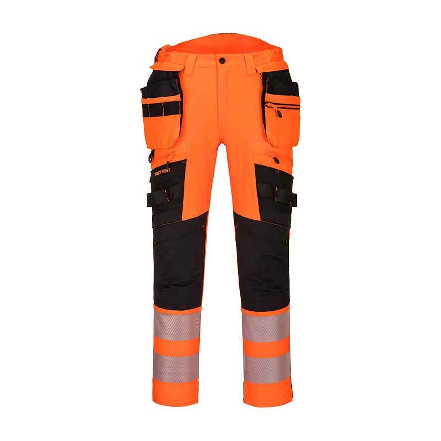 Orange DX4 detachable hi vis holster trousers with visible tool loops and detachable holster pockets. Trousers have black trim on the zips top of pockets and kneepad area as well as two hi vis bands on the ankles.