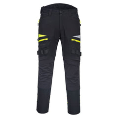 Black DX4 work Trouser with zip pockets on each thigh and yellow leg contrast around the zips.