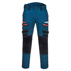 Metro Blue DX4 work Trouser with zip pockets on each thigh and orange leg contrast around the zips. With black kneepad pockets.