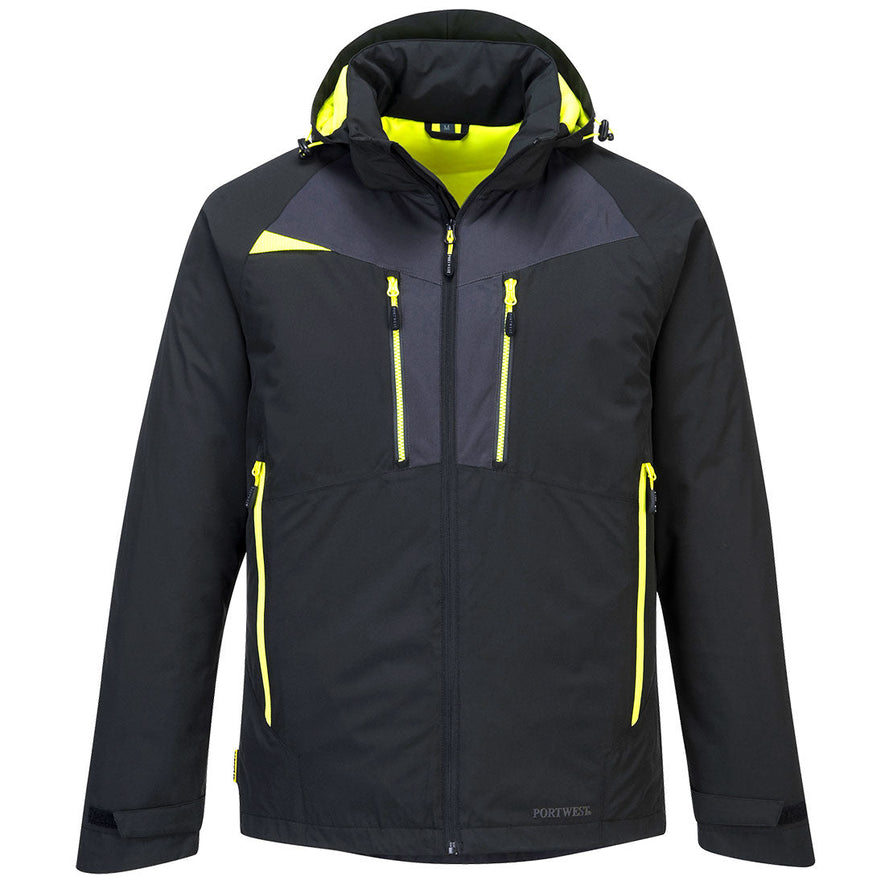 Black DX4 winter jacket. jacket has grey and yellow contrast on the zips and chest. Side and chest pockets. Visible hood with yellow contrast.