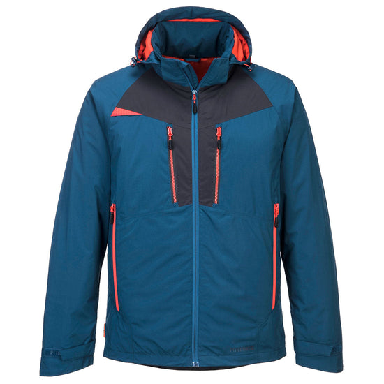 Metro blue DX4 winter jacket. jacket has grey and orange contrast on the zips and chest. Side and chest pockets. Visible hood with orange contrast.