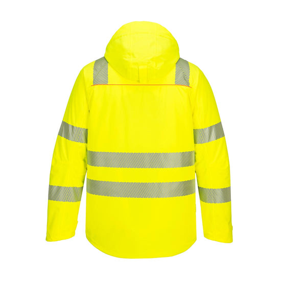 Yellow DX4 Hi-Vis Winter hooded Jacket with large zip pockets and hi vis strips