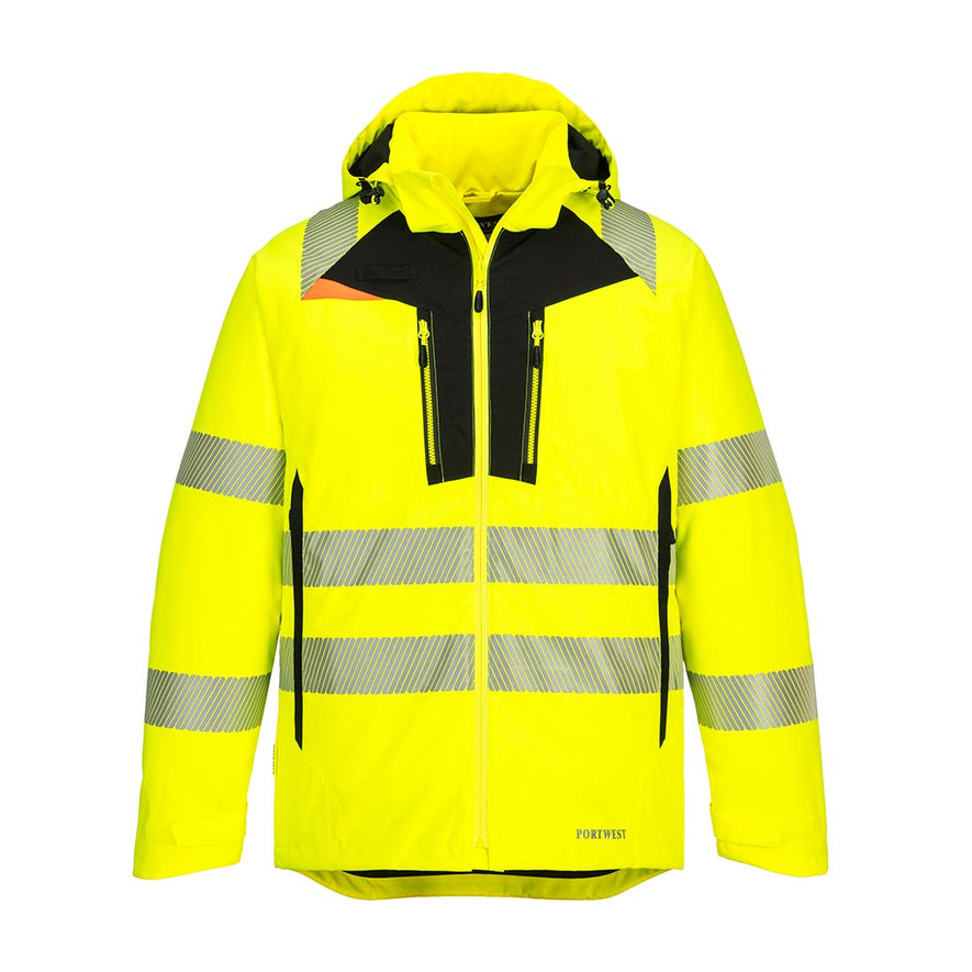 Yellow DX4 Hi-Vis Winter hooded Jacket with large zip pockets and hi vis strips