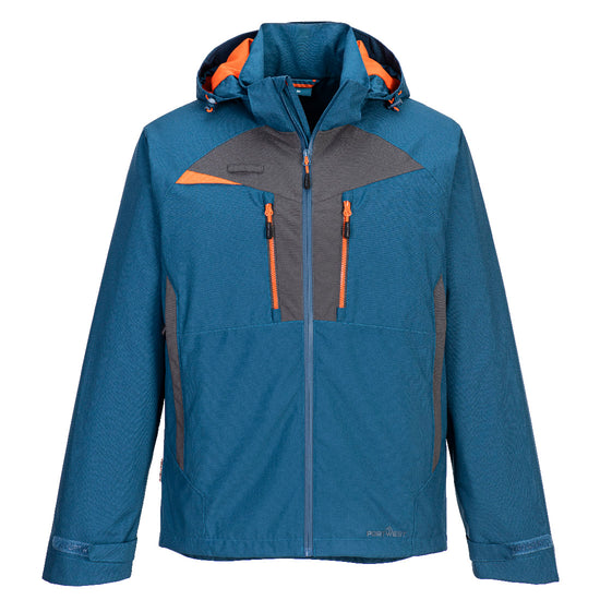 Portwest DX4 Rain Jacket in metro blue with hood and grey panels on chest, zip fastening and sides. Also with fluorescent orange inside lining of hood, triangle on chest and zipped pockets on chest.