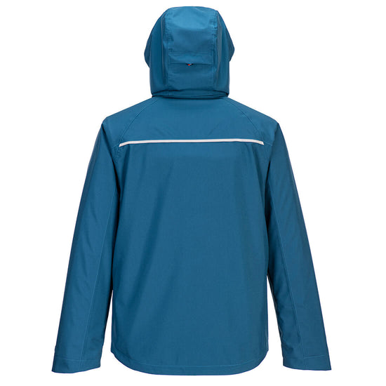 Back of Portwest DX4 Rain Jacket in metro blue with hood with zip and reflective panel on back.