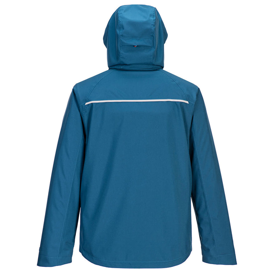 Back of Portwest DX4 Rain Jacket in metro blue with hood with zip and reflective panel on back.