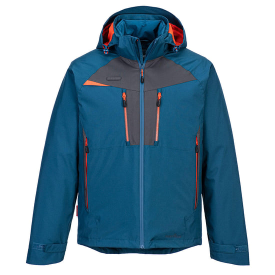 Portwest DX4 3-in-1 Jacket in metro blue with hood and grey panels on chest, zip fastening and sides. Also with fluorescent orange inside lining of hood, triangle on chest and zipped pockets on chest.